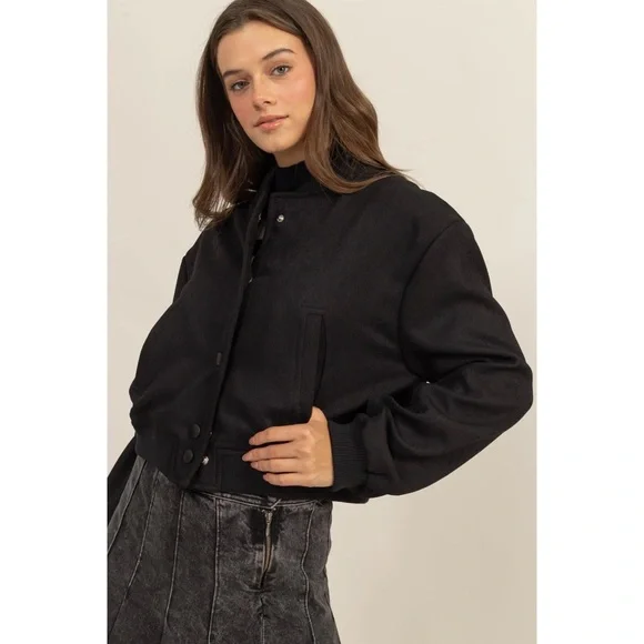 Hyfve Button-Up Black Bomber Jacket With Ribbed Cuffs - Picture 2 of 4